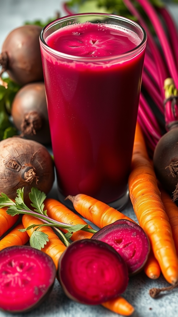 A glass of beetroot and carrot juice surrounded by fresh vegetables