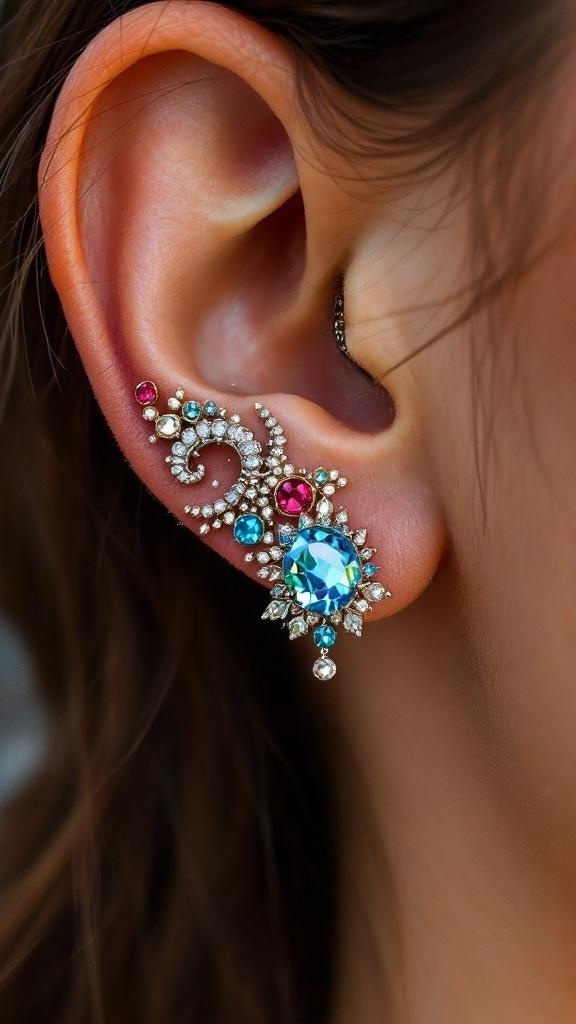 A close-up of a decorative ear cuff inspired by belly button piercings, featuring colorful gemstones.