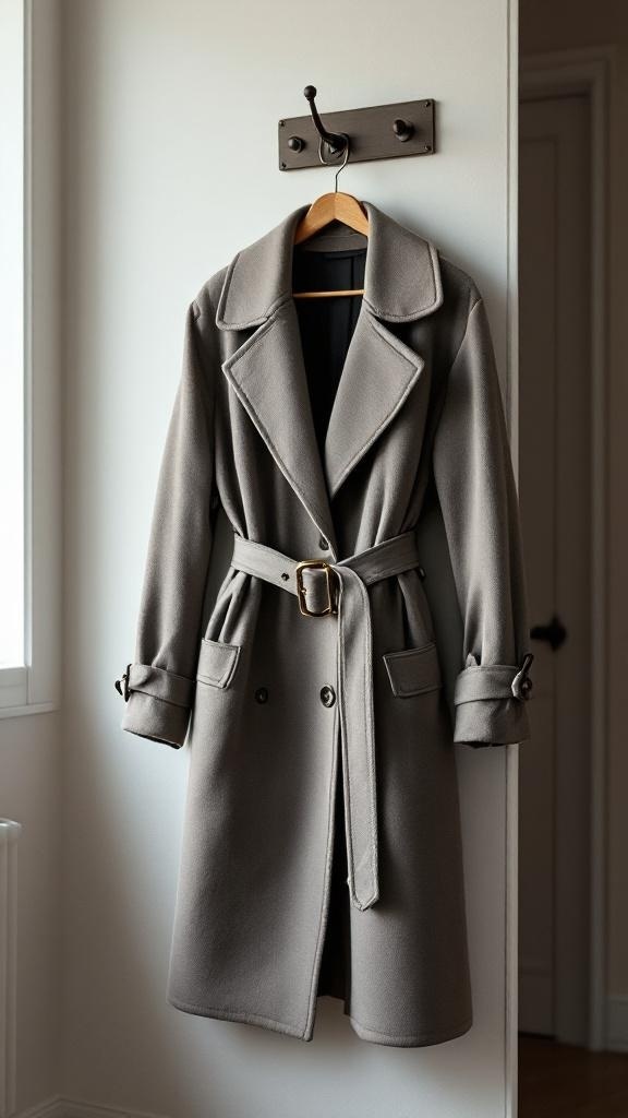A stylish belted coat hanging on a hook