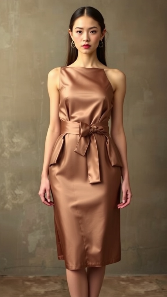 A belted satin dress hanging on a mirror, showcasing its elegant design and soft fabric.