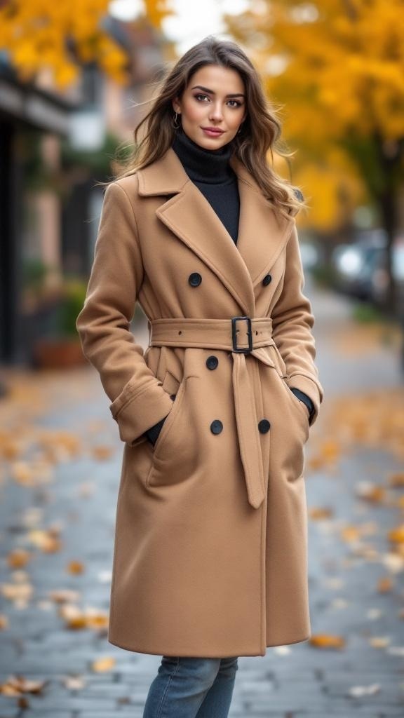 A woman wearing a belted wool coat and ankle jeans, standing outdoors with autumn leaves in the background.