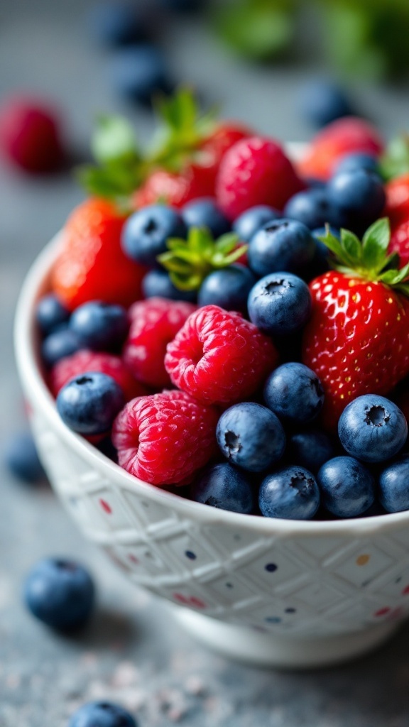 A bowl filled with assorted berries including strawberries, blueberries, and raspberries