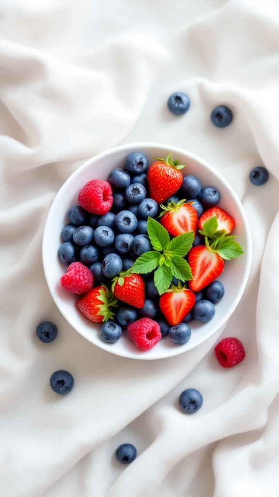 A bowl filled with fresh strawberries, blueberries, and raspberries.
