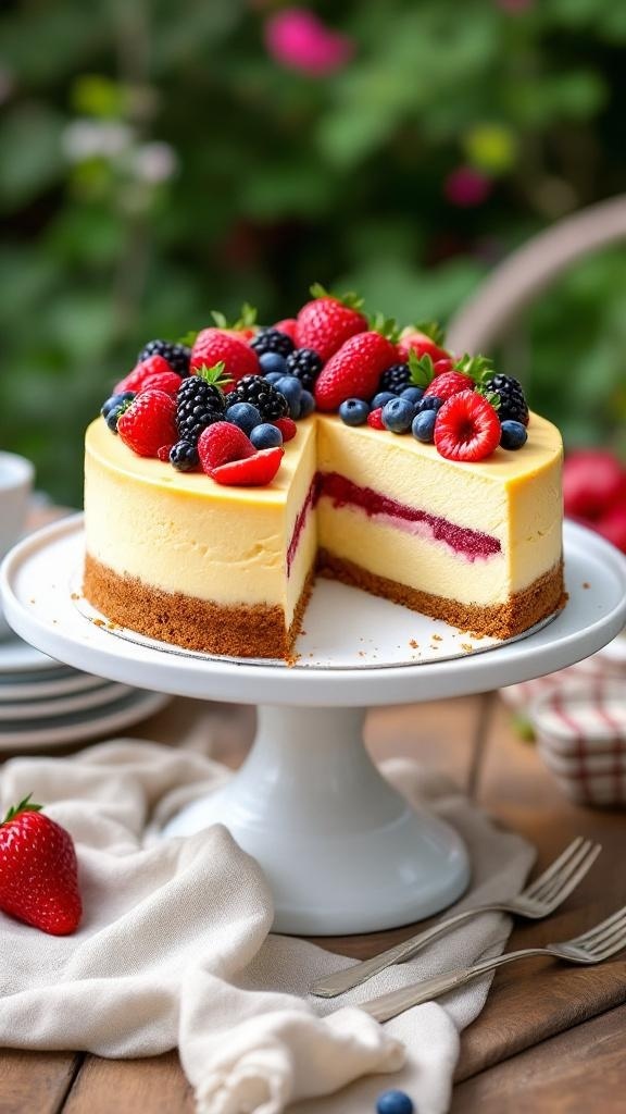 A delicious no bake cheesecake topped with fresh berries on a white cake stand