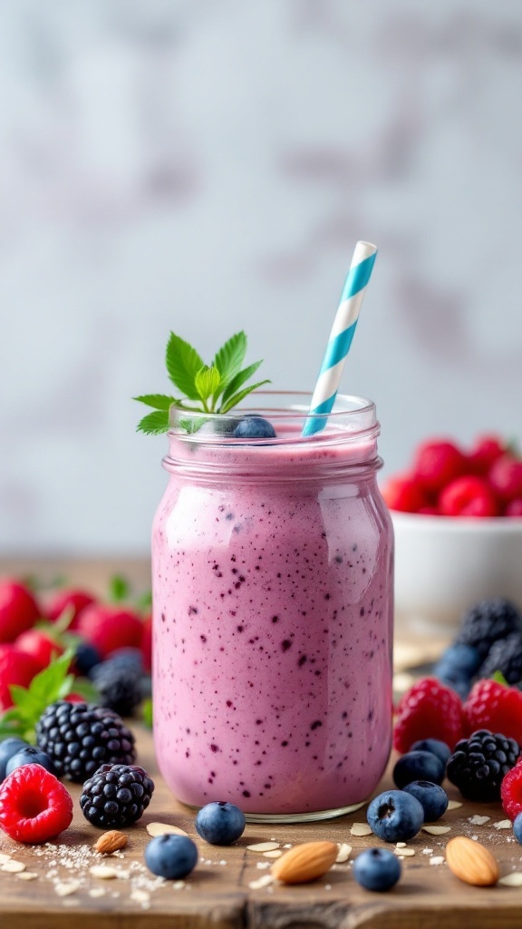 A berry almond protein shake in a glass jar with a blue and white striped straw, surrounded by fresh berries.