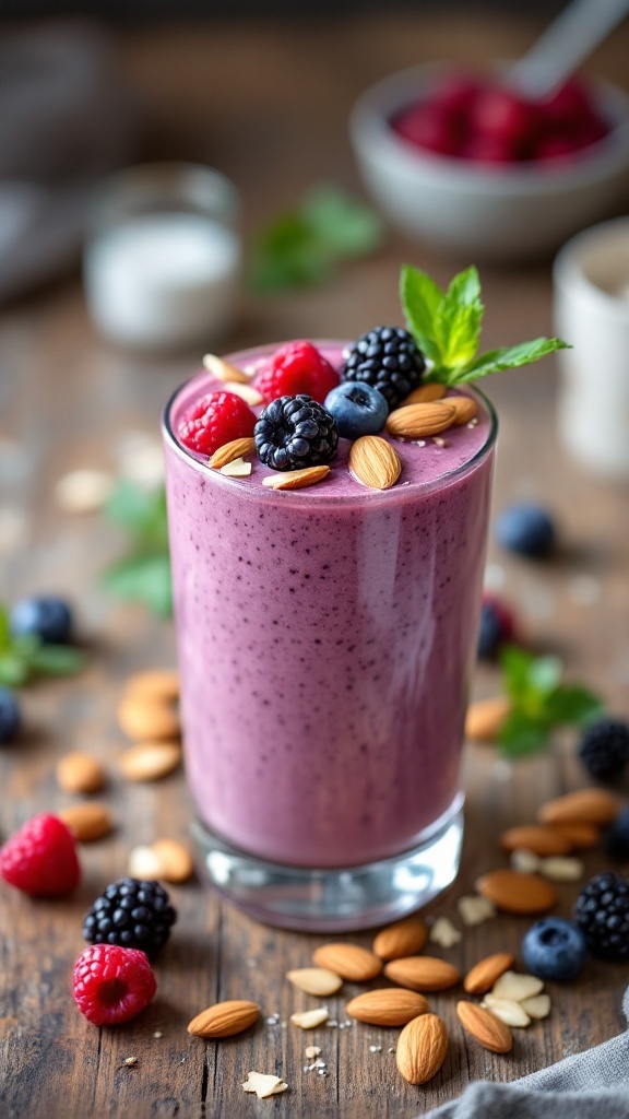 A vibrant berry almond protein smoothie topped with almonds and fresh berries, sitting on a wooden table.