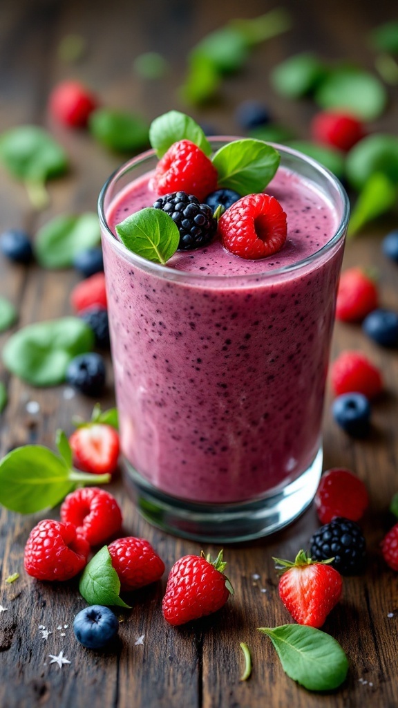 A vibrant berry and spinach smoothie in a glass, topped with fresh berries and spinach leaves.
