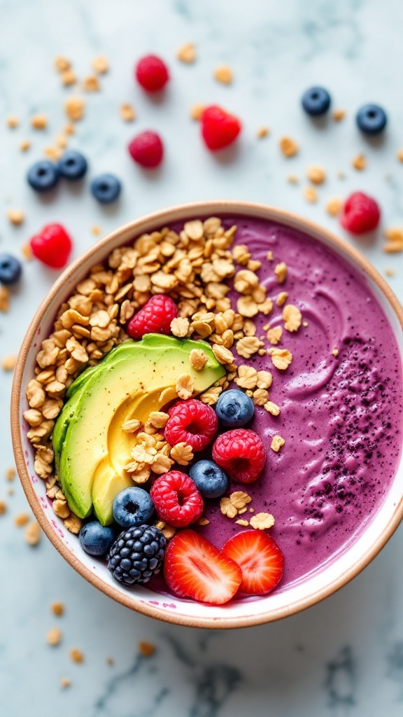 A colorful berry avocado smoothie bowl topped with granola and fresh fruits.