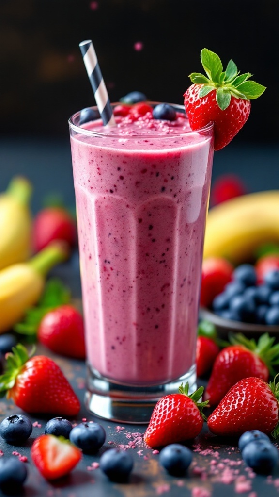 A refreshing Berry Banana Blast smoothie in a tall glass with a striped straw, garnished with a strawberry and surrounded by fresh strawberries and blueberries.