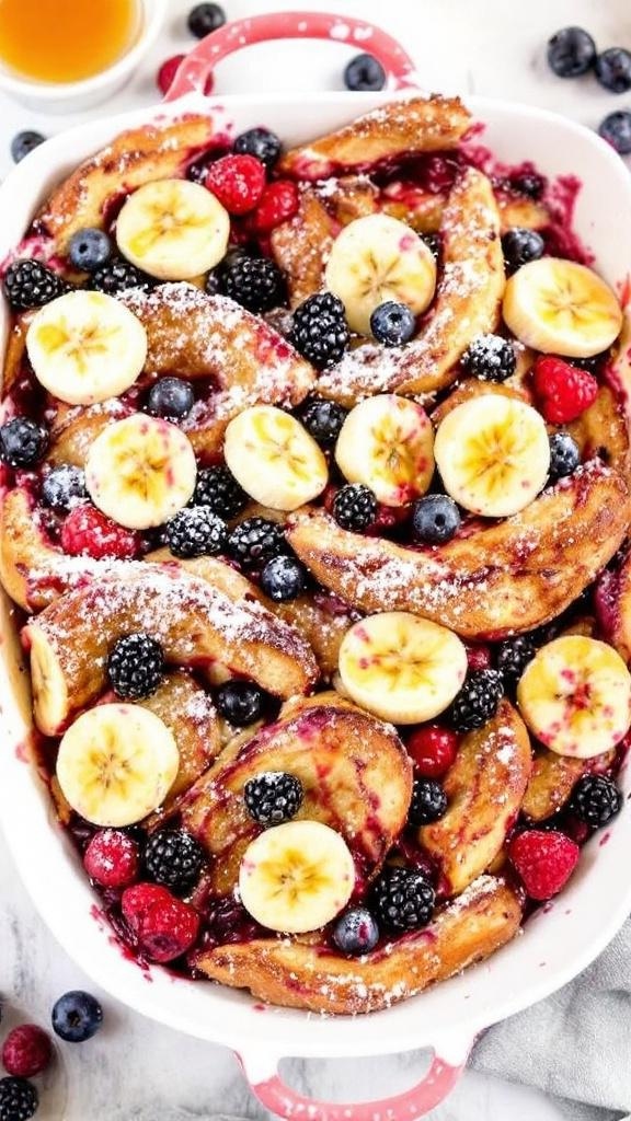 Berry Banana French Toast Casserole with bananas and berries on top