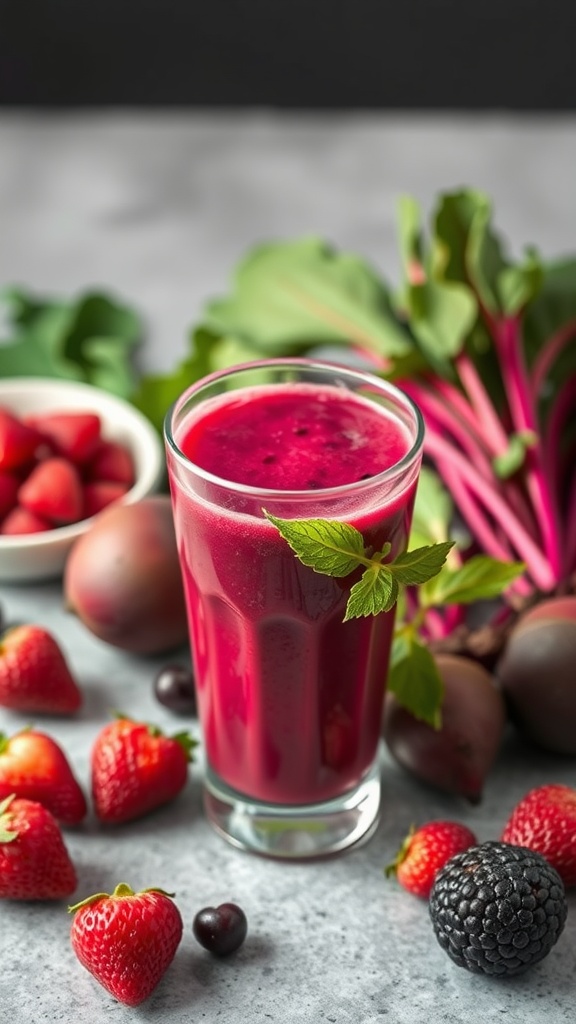 A refreshing berry beet detox smoothie in a glass with fresh strawberries, blackberries, and cooked beets around it.