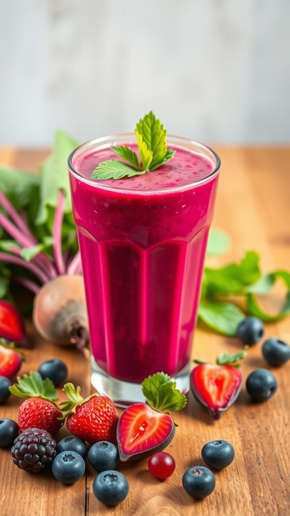 A vibrant berry beet smoothie in a glass, surrounded by fresh berries and a beetroot on a wooden table.