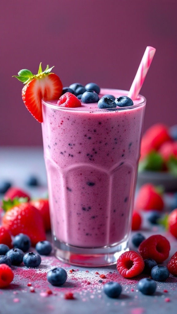 A vibrant berry smoothie topped with fresh strawberries and blueberries.