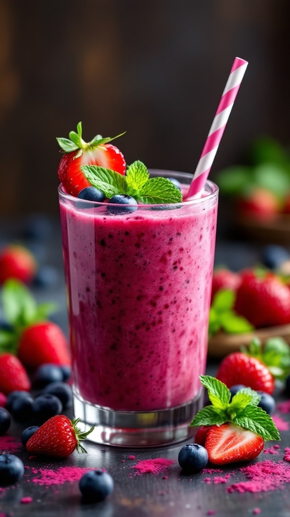 A vibrant berry smoothie topped with fresh strawberries and blueberries, served in a glass with a straw.