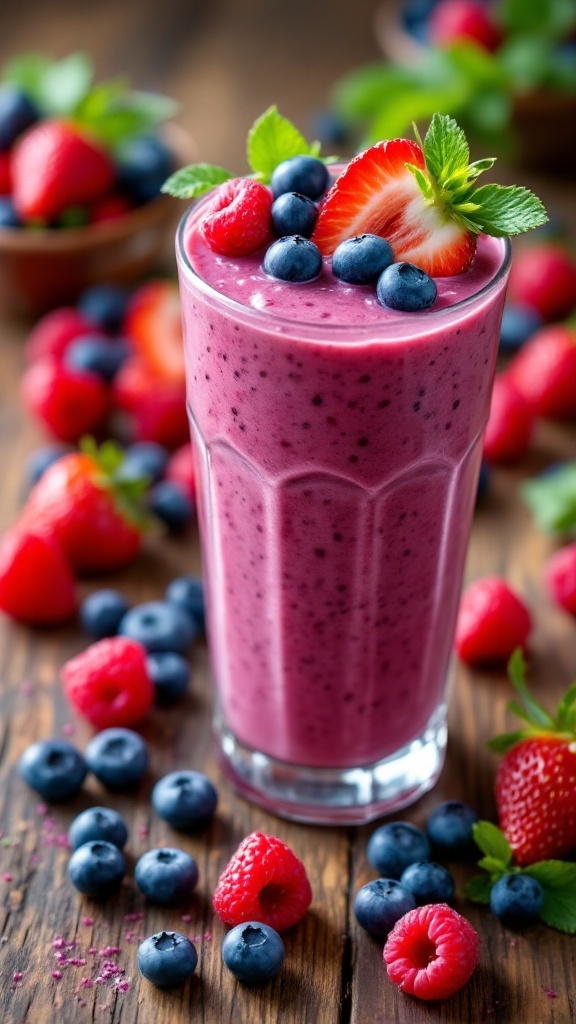 A vibrant berry smoothie topped with strawberries, blueberries, and raspberries.
