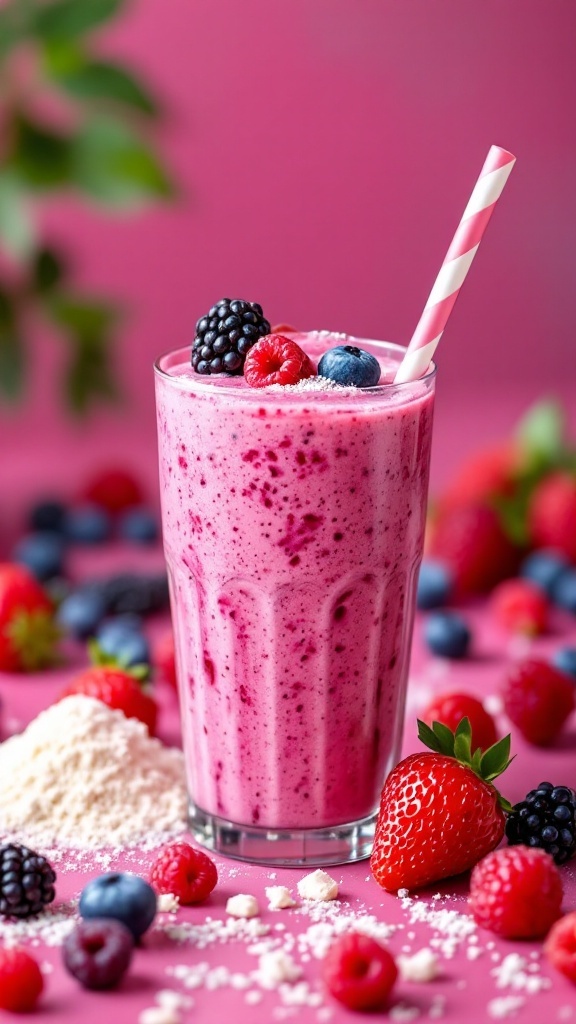 A vibrant berry smoothie in a glass, topped with fresh berries and a straw.