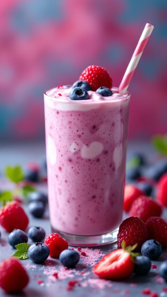 A vibrant berry protein shake garnished with fresh berries