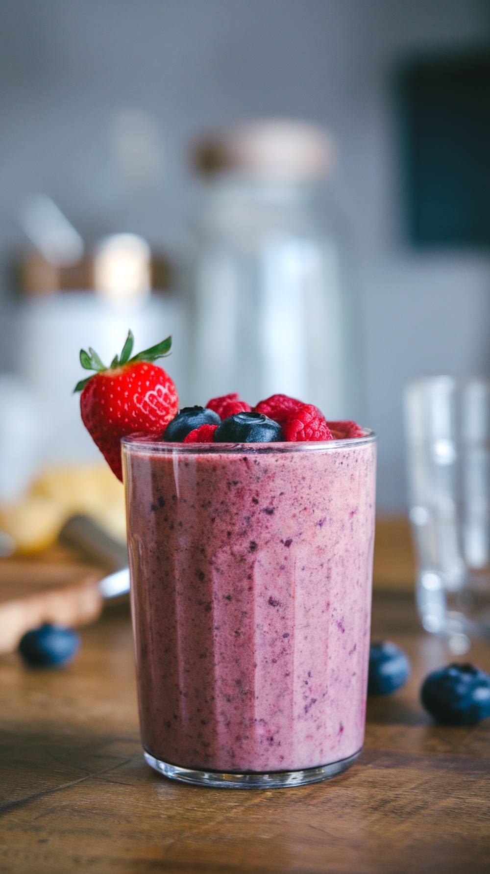 A colorful Berry Blast Protein Smoothie topped with fresh fruits.