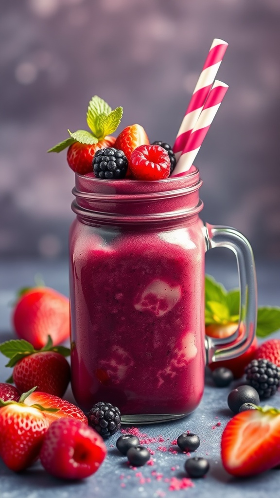 A vibrant berry smoothie in a jar, topped with fresh berries and mint leaves.