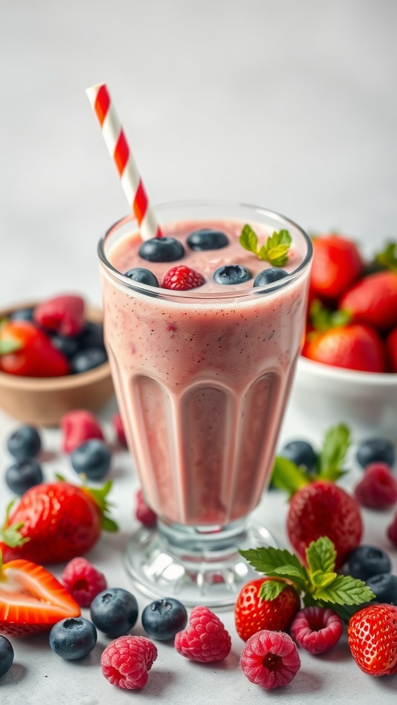 A refreshing Berry Blast Smoothie served in a tall glass, garnished with berries and a mint leaf.
