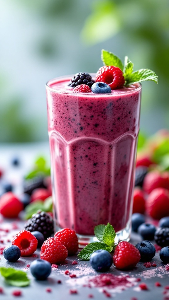 A refreshing berry smoothie topped with fresh berries and mint leaves.