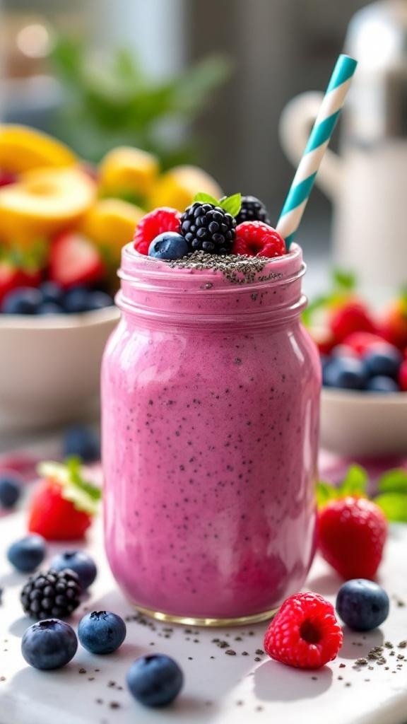 A vibrant berry smoothie in a jar with a straw, surrounded by fresh berries.