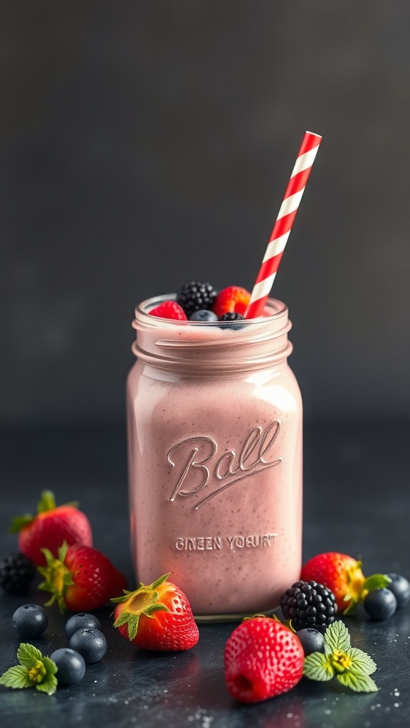 A refreshing Berry Blast Smoothie with Greek Yogurt in a mason jar, topped with fresh berries.