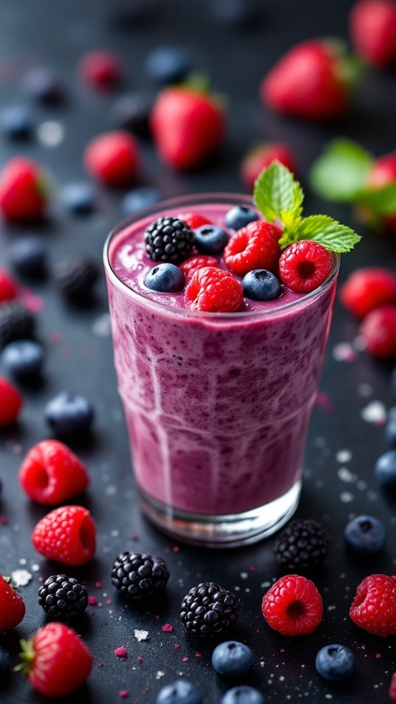 A refreshing berry smoothie with raspberries, blueberries, and blackberries.