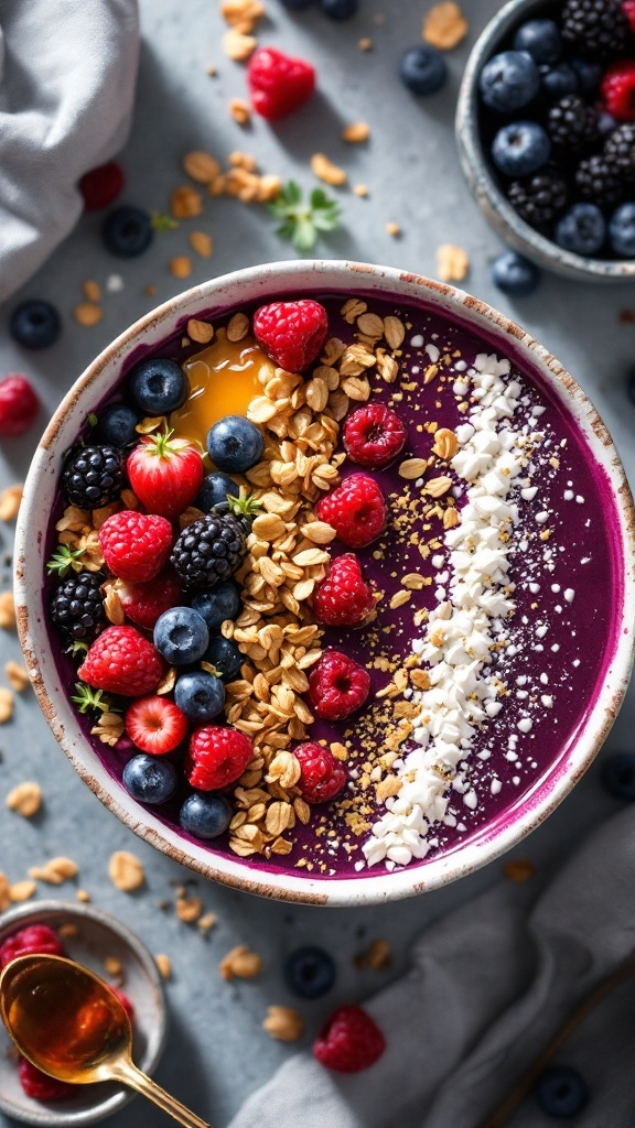 A colorful Berry Bliss Acai Bowl topped with fresh berries and granola.
