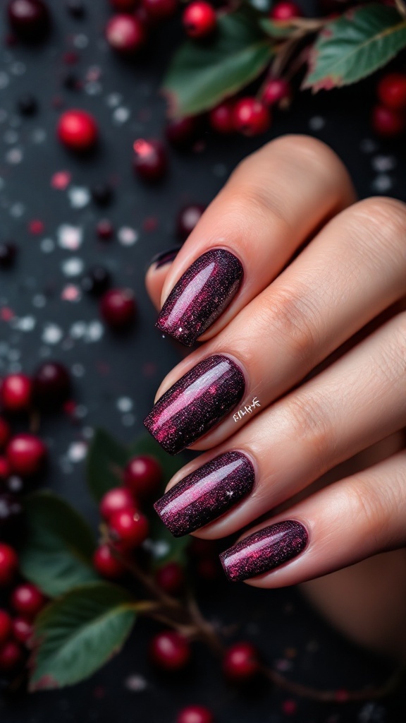Close-up of a hand with berry-themed nails featuring a gradient design, set against a dark background with berries.