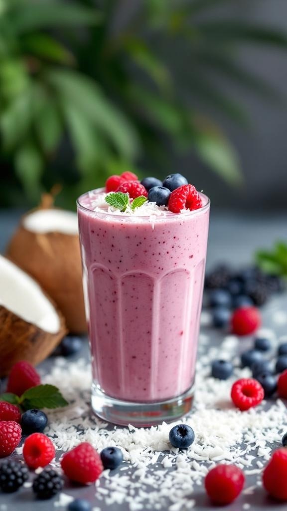 A colorful Berry Coconut Burst Smoothie in a glass, topped with berries and shredded coconut.