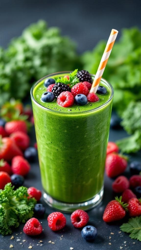 A refreshing Berry Green Superfood Smoothie in a glass, topped with fresh berries and a straw, surrounded by more berries and greens.