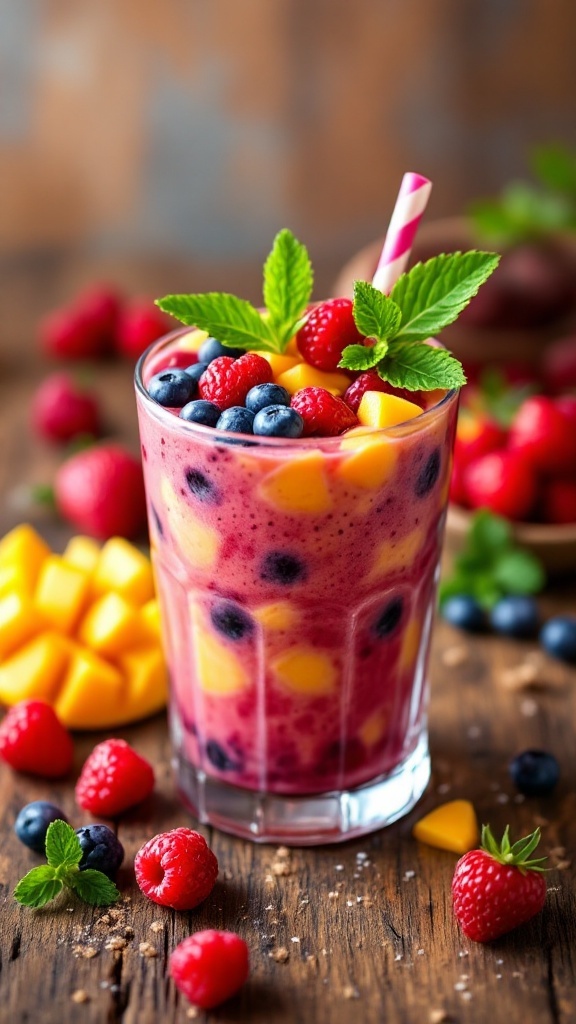 A vibrant smoothie made with mango and mixed berries, garnished with mint leaves.