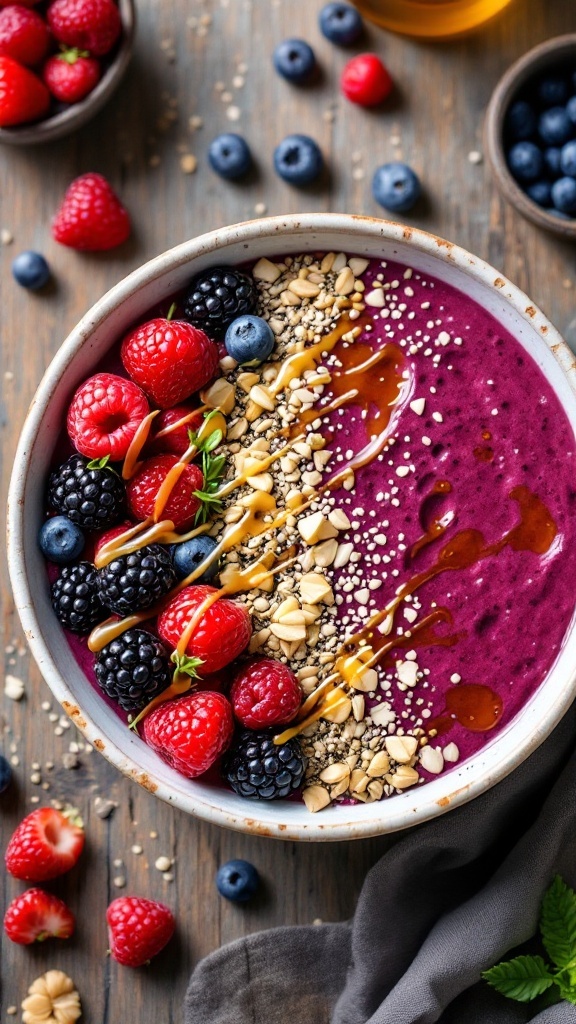 A colorful berry smoothie bowl topped with fresh berries and nuts