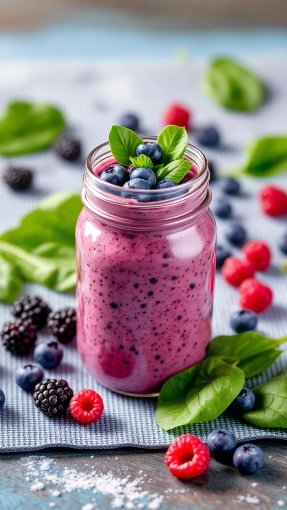 A refreshing berry spinach smoothie in a jar with fresh berries and spinach leaves surrounding it.