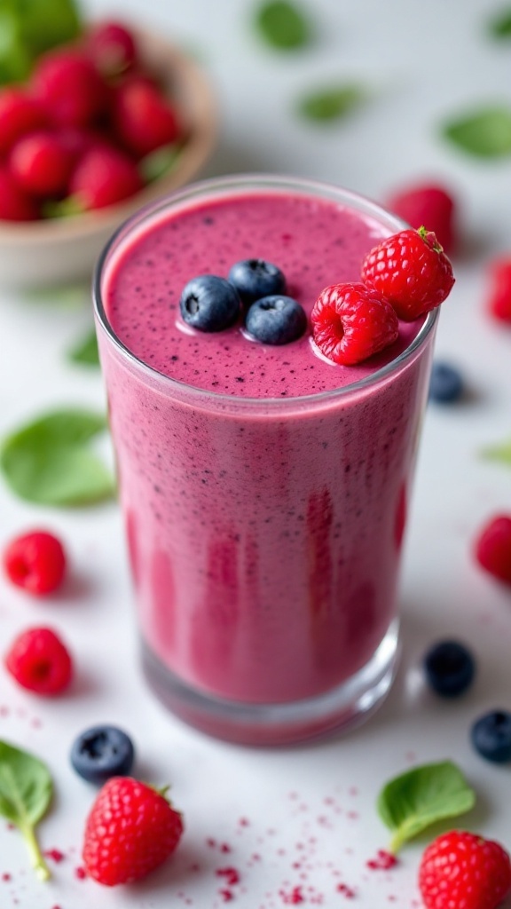 Berry Spinach Protein Smoothie in a glass with fresh berries around it.
