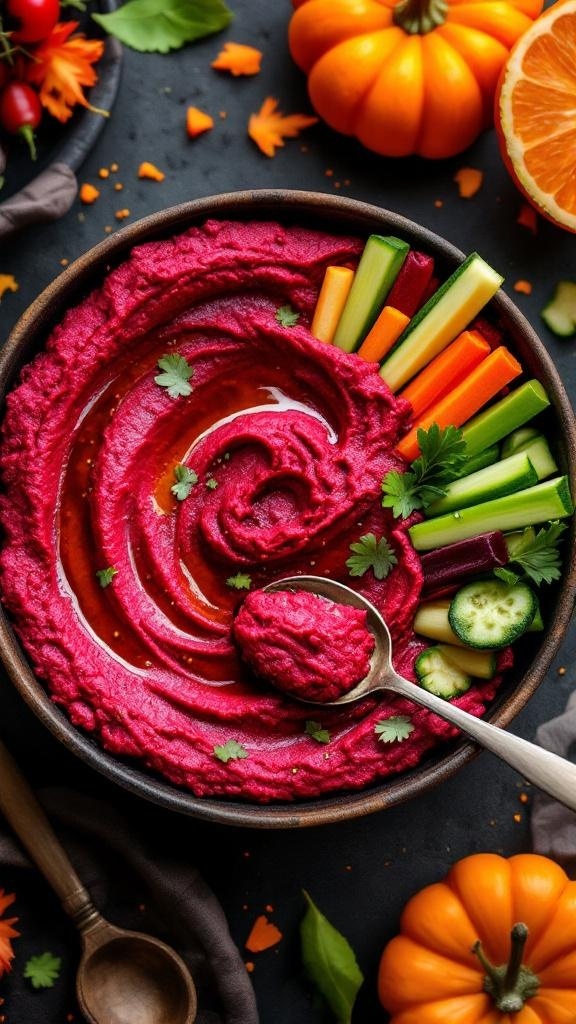 A bowl of Bloody Beet Hummus surrounded by fresh vegetables and pumpkins.