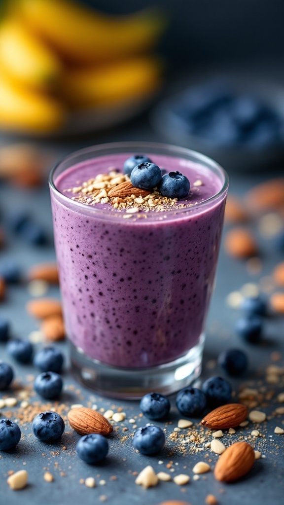 A delicious blueberry almond smoothie garnished with blueberries and almonds.
