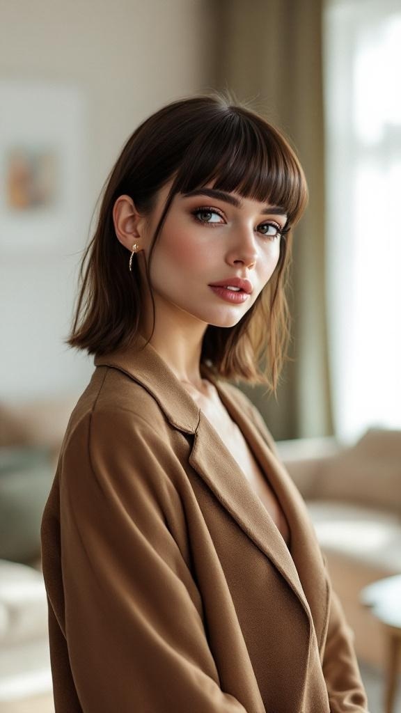Model with blunt curtain bangs, showcasing a chic hairstyle with a bob cut.
