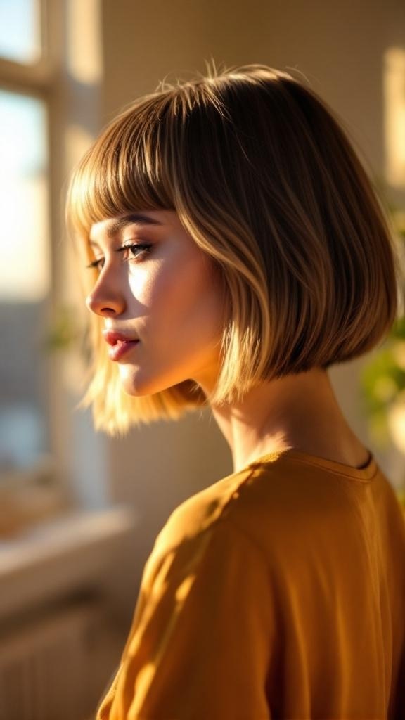 A woman with a blunt cut hairstyle featuring highlights, showcasing a modern and stylish look.