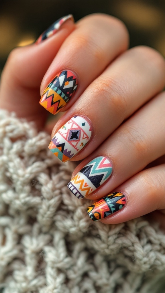 A close-up of a hand with Bohemian Aztec patterned nails featuring vibrant colors and shapes.