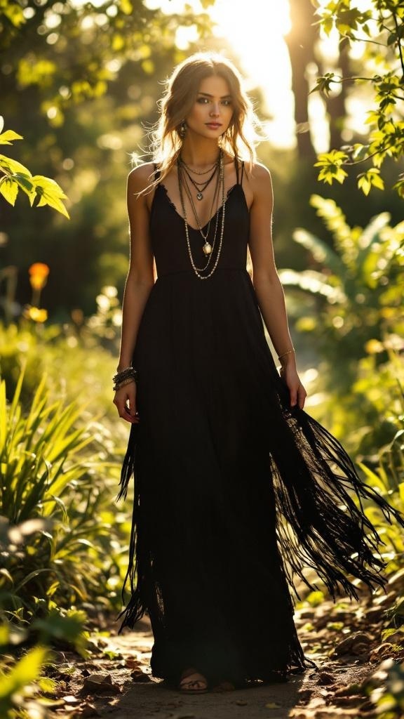 Model wearing a bohemian black maxi dress with fringe in a sunlit outdoor setting