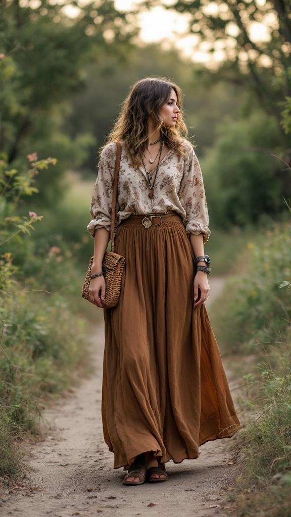 A woman wearing a bohemian brown maxi skirt and a patterned blouse, walking on a path surrounded by greenery.