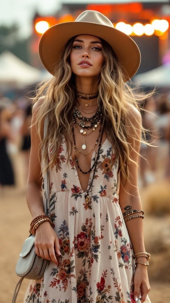 A woman in a floral maxi dress and wide-brimmed hat at a concert