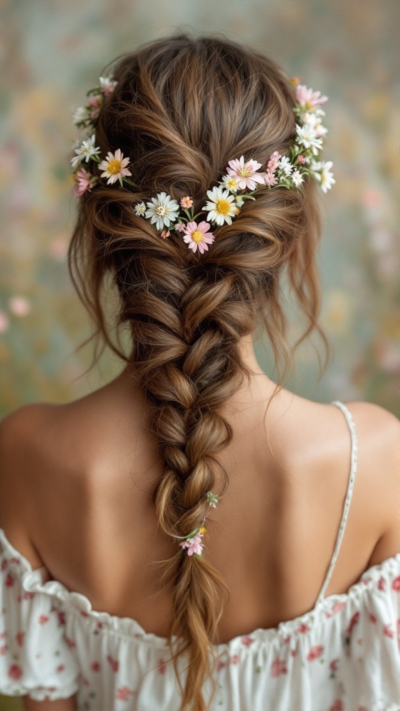 A beautiful bohemian loose braid decorated with flowers.