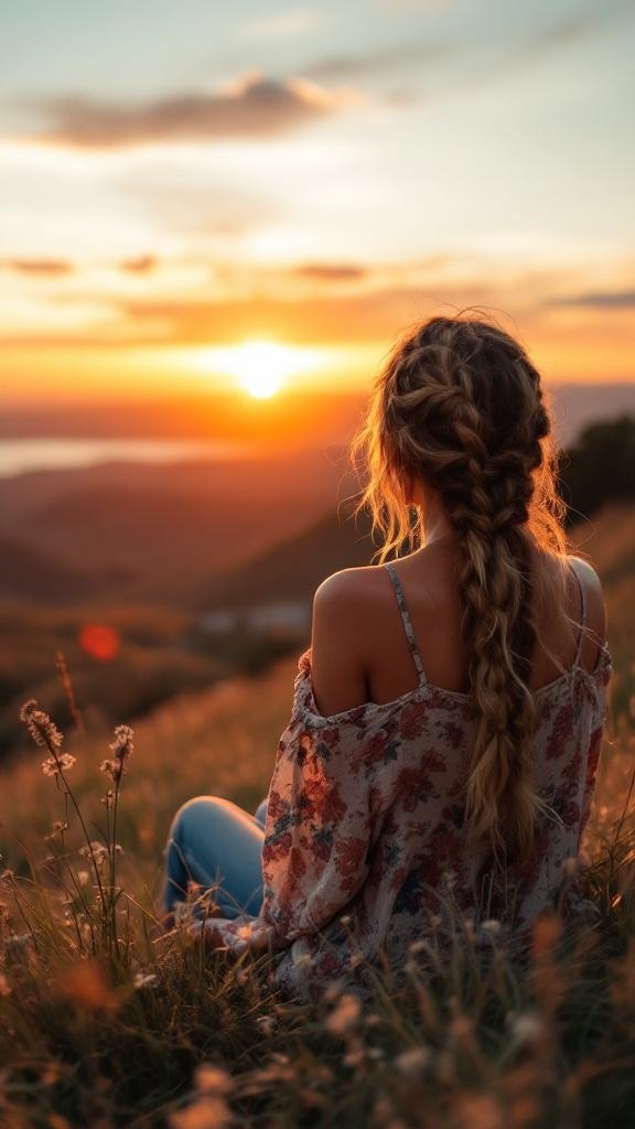 A woman with a loose braid sitting in a field during sunset, wearing a floral top.