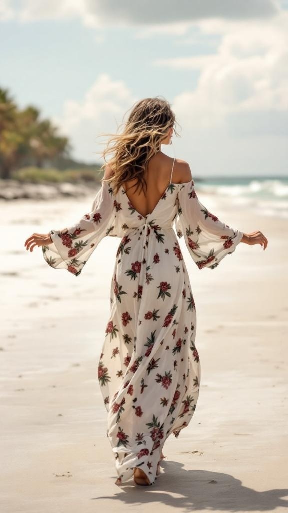 A woman in a bohemian maxi dress with flowy sleeves walking on the beach