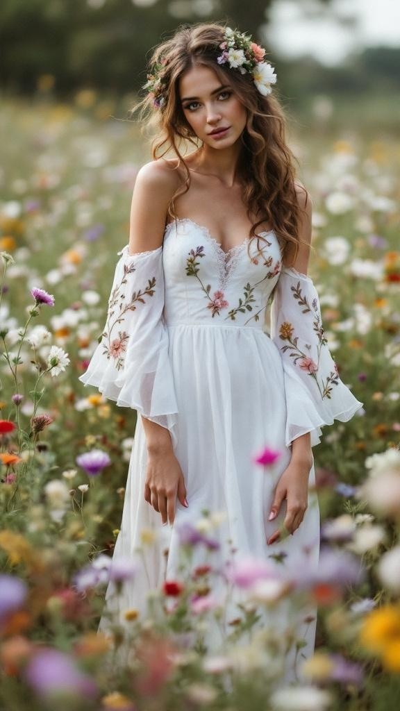 A bride wearing a bohemian wedding dress with flutter sleeves and floral embroidery, standing in a field of flowers.