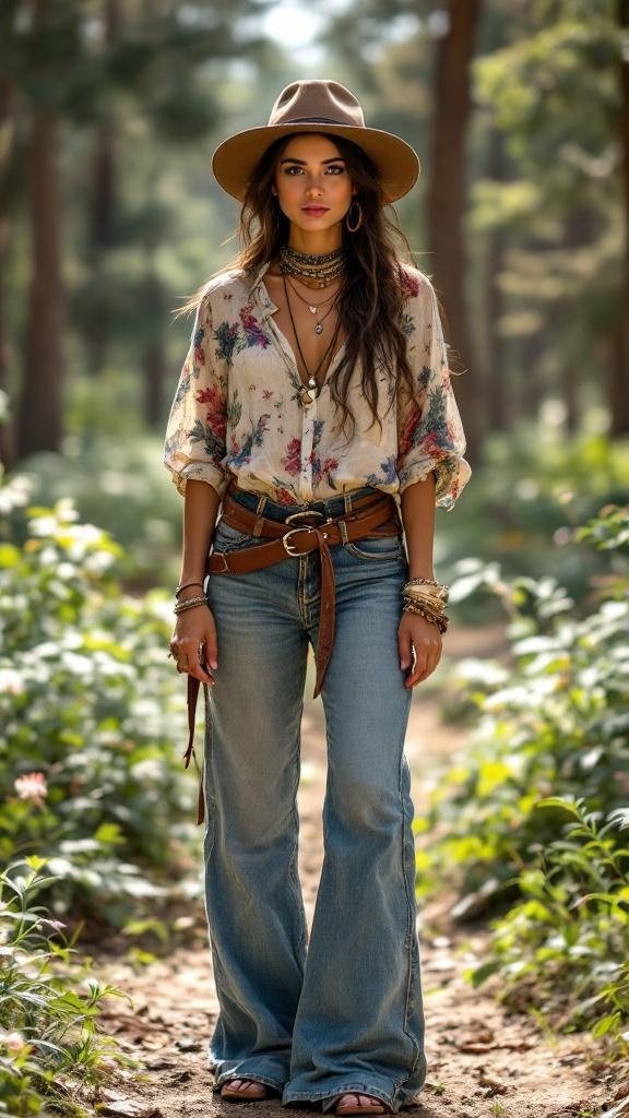 A woman in a floral blouse and flared jeans standing in a forest, wearing a wide-brimmed hat and layered jewelry.