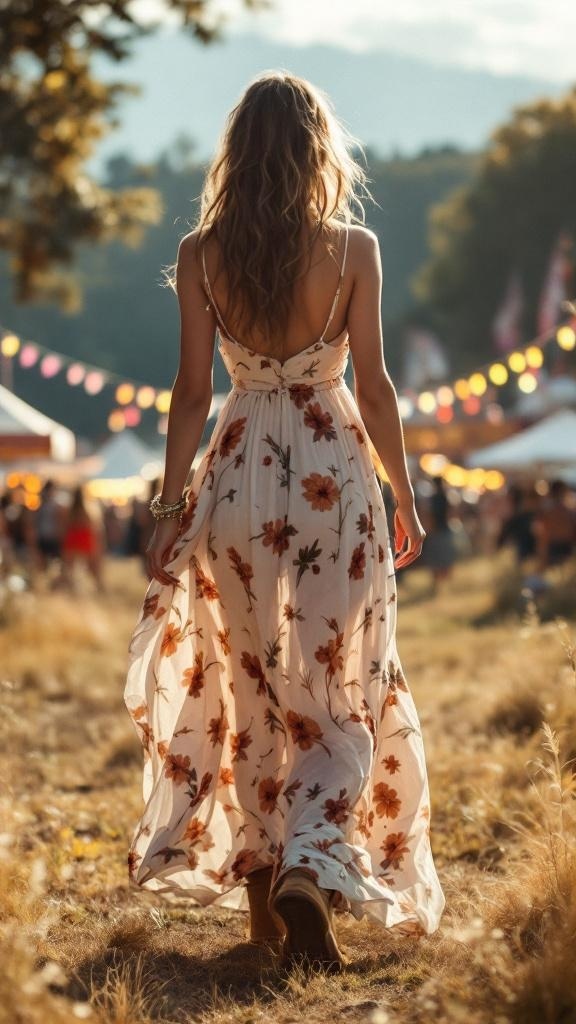 A woman in a floral maxi dress walking in a field, wearing Ugg boots, with colorful decorations in the background.